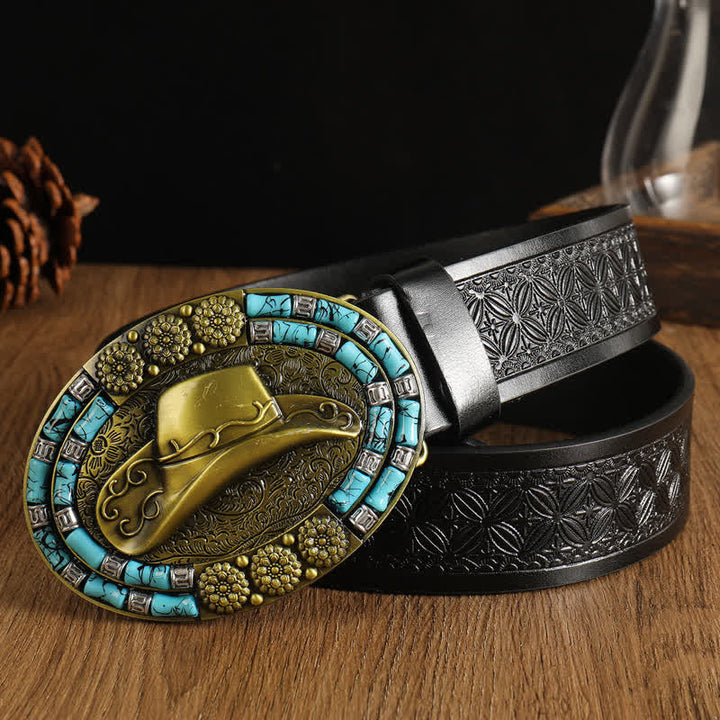 Men's Cowboy Gold Hat Turquoise Decor Leather Belt - Black #2 - 42 - image 6