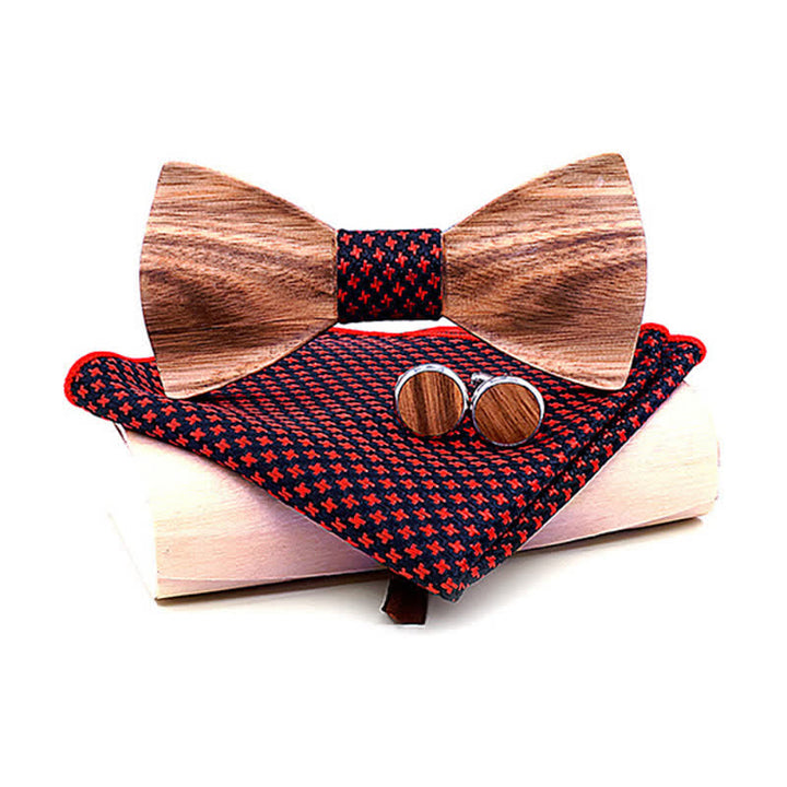 3Pcs Men's Classic Simple Wooden Bow Tie Set - Red - Style #2 - image 16