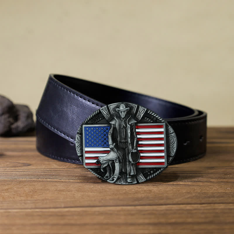 Men's DIY American Flag Cowboy Buckle Leather Belt - Cowboy - Black PU Belt (40) - image 4