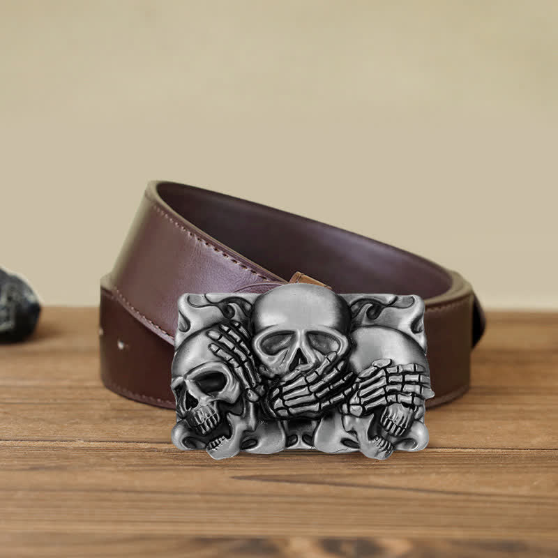 Men's DIY Horrible Laugh Skull Buckle Leather Belt - Skull - Brown PU Belt (40) - image 8