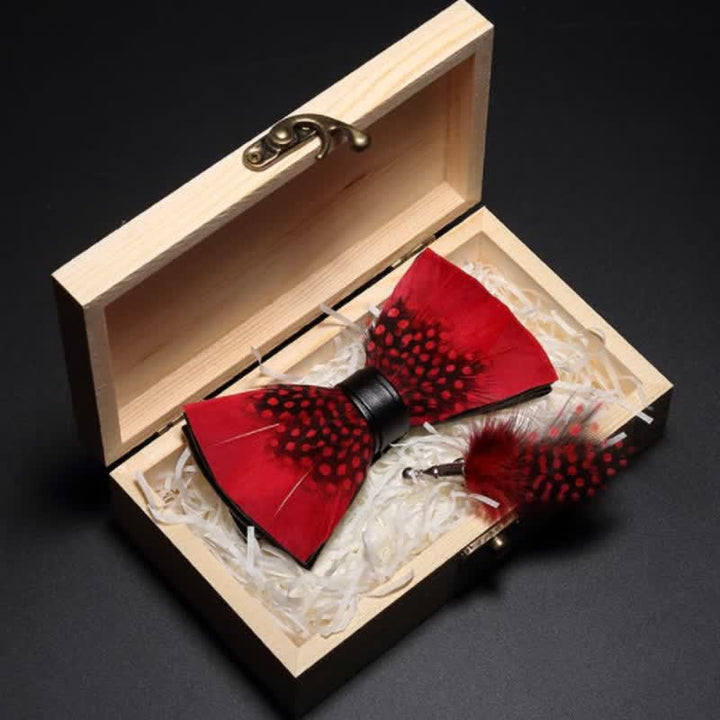 Red & Black Finch Feather Bow Tie with Lapel Pin - image 1