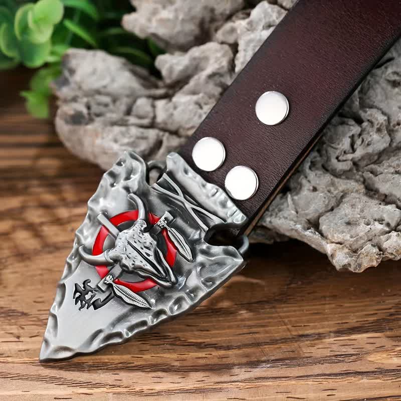 Men's DIY Arrowhead Shaped Bull Buckle Leather Belt - image 2