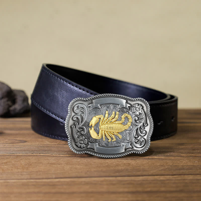 Men's DIY Gold Carving Animal Buckle Leather Belt - Scorpion - Black PU Belt (40) - image 57