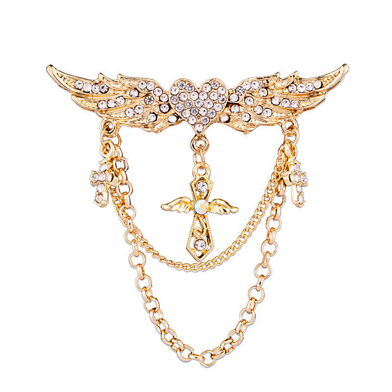 Men's Angel Wings Heart Cross Tassel Brooch - Gold - image 2