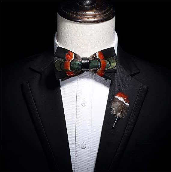 Black & Red Green Mallard Feather Bow Tie with Lapel Pin - image 2