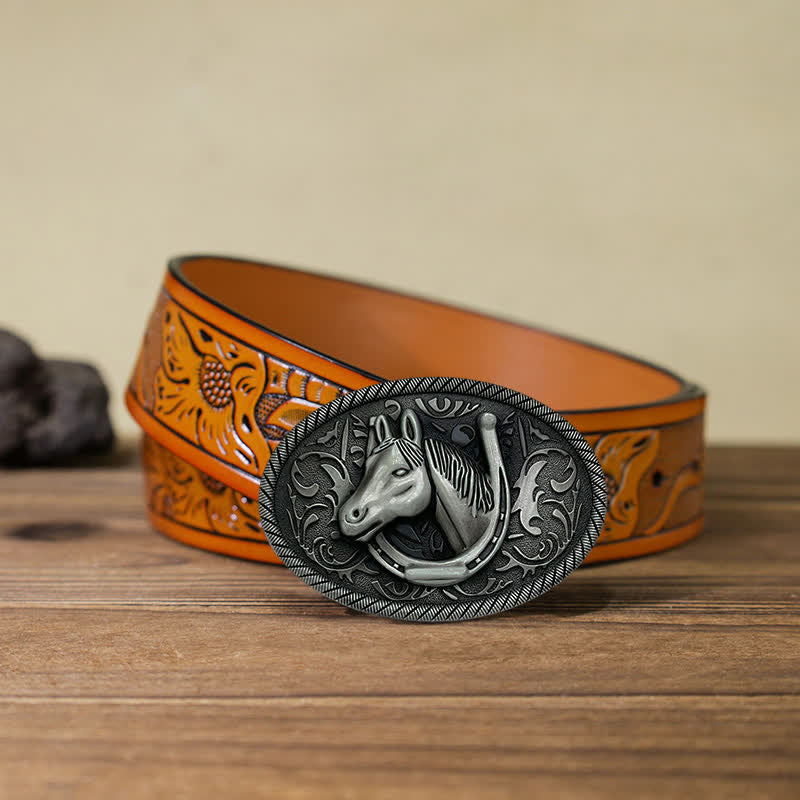Men's DIY Antique Silver Horseshoe Buckle Leather Belt - Horseshoe - Orange Carved Belt (40) - image 15