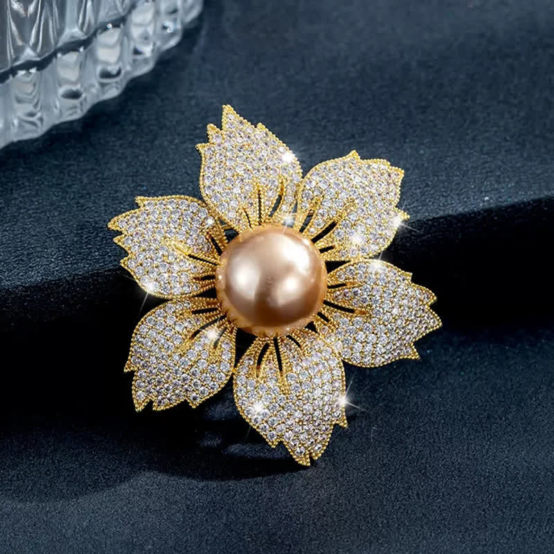 Women's Bright Pearl Luxury Bauhinia Brooch - Gold & Coffee - image 0