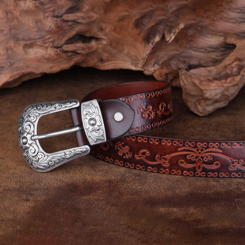 Unisex Rustic Texture Flower Printing Leather Belt - image 7