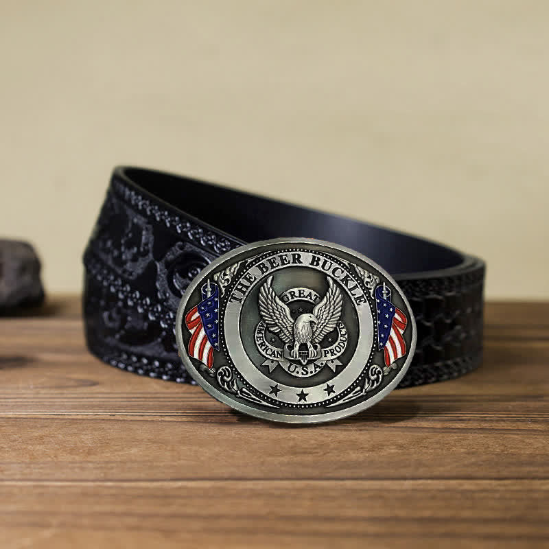 Men's DIY Eagle USA Flag Creative Beer Holder Buckle Leather Belt - Silver - Black Carved Belt (40) - image 23