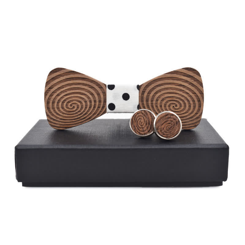 2Pcs Men's Hypnosis Swirl Printing Wooden Bow Tie Set - White - image 6