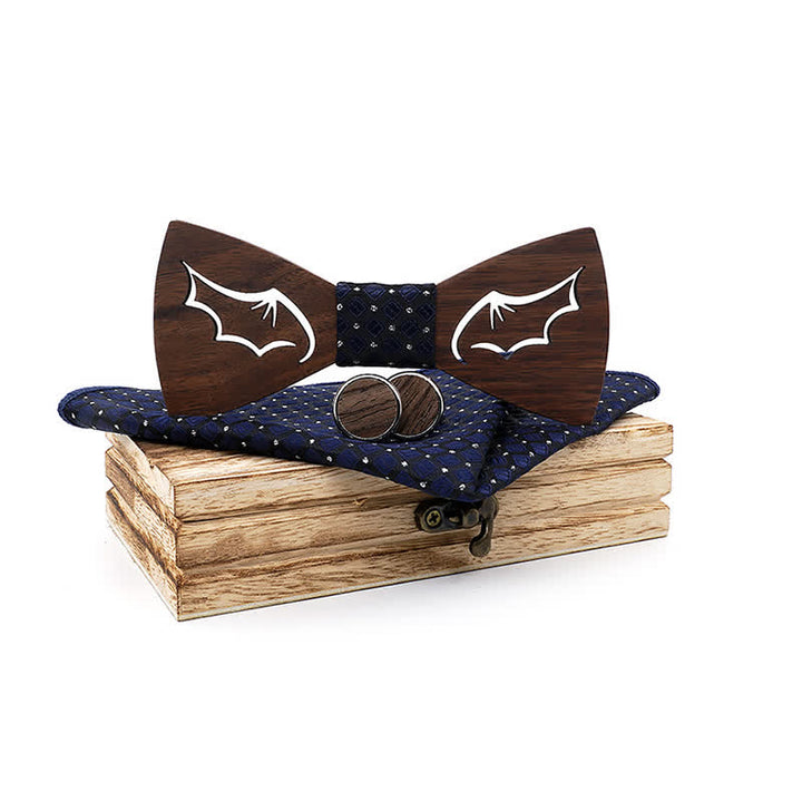 3Pcs Men's Demon Wings Wooden Bow Tie Set - Navy - image 0