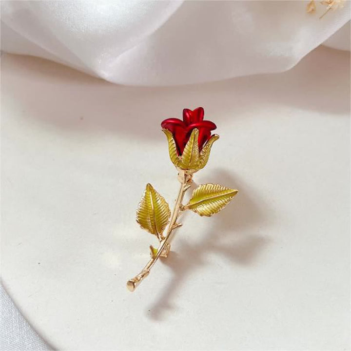 Women's Exquisite Rose With Stem Brooch - Red - image 0