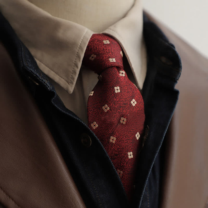 Men's Garden Motif Embroidery Zipper Necktie - Burgundy Dots - image 13