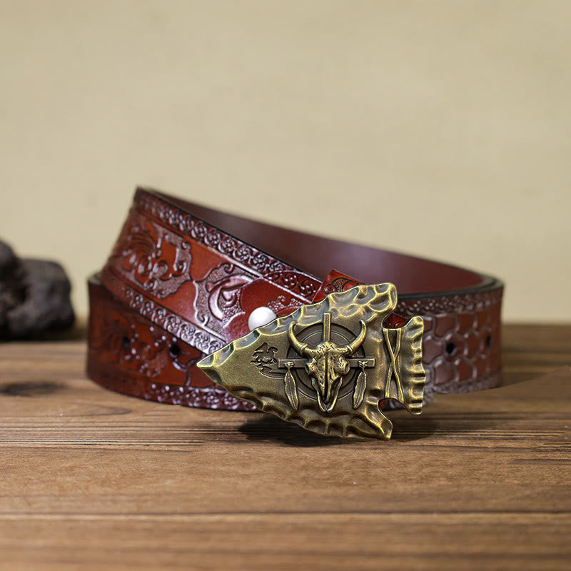 Men's DIY Arrowhead Shaped Bull Buckle Leather Belt - Antique Bronze - Brown Carved Belt (40) - image 18