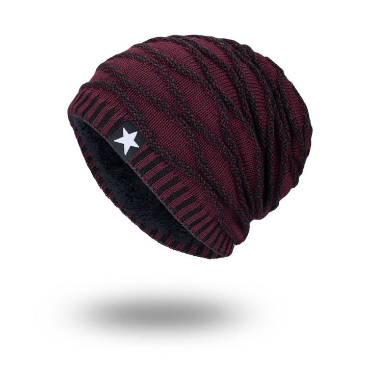 Fleece Lined Five-Star Beanie Knitted Hat - Burgundy - M (22"-22 7/8") - image 9