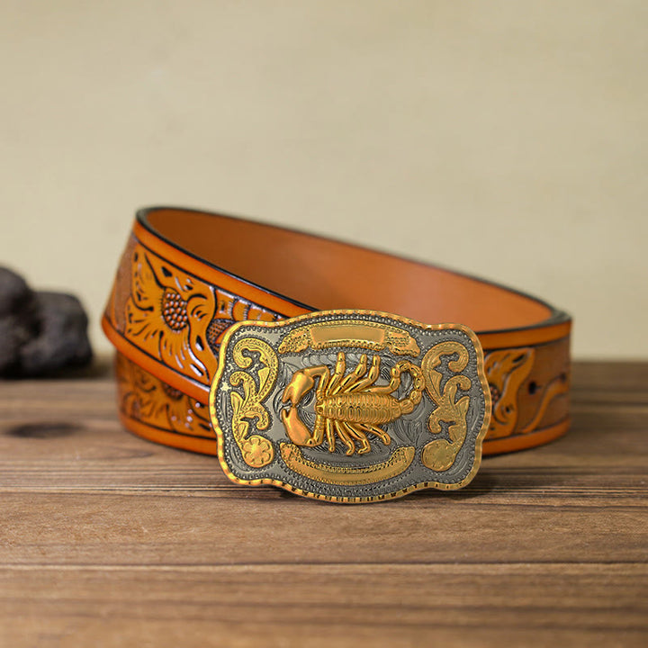 Men's DIY Golden Scorpion Buckle Leather Belt - Rectangular - Orange Carved Belt (40) - image 24