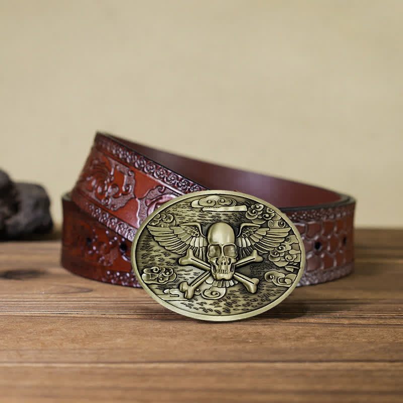 Men's DIY Skull Angel Creative Beer Holder Buckle Leather Belt - Bronze - Brown Carved Belt (40) - image 25