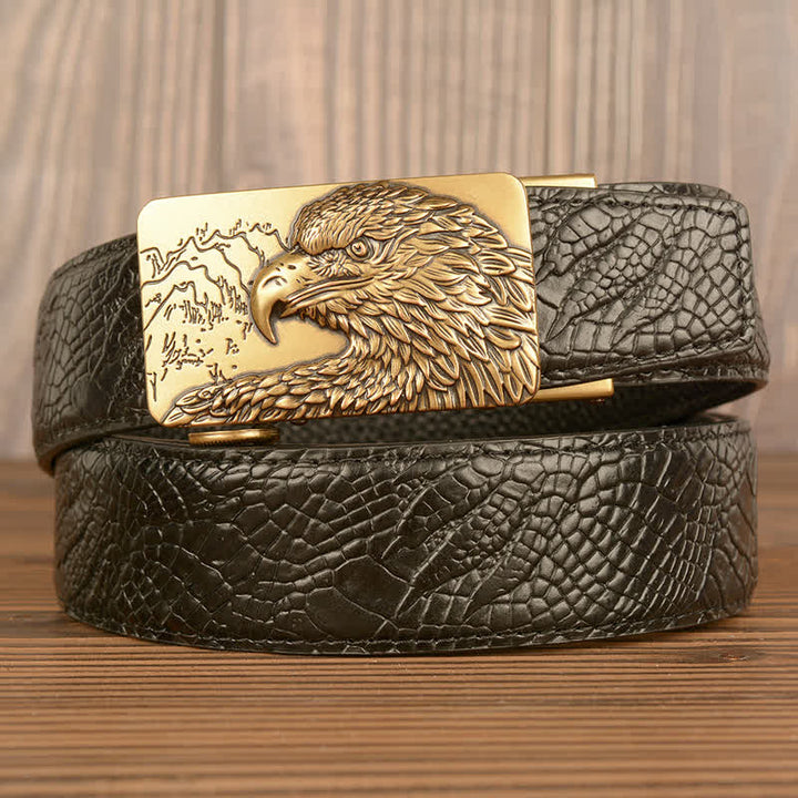 Men's Carved Eagle Crocodile Pattern Leather Belt - Gold & Black - Crocodile Claw - 44 - image 0