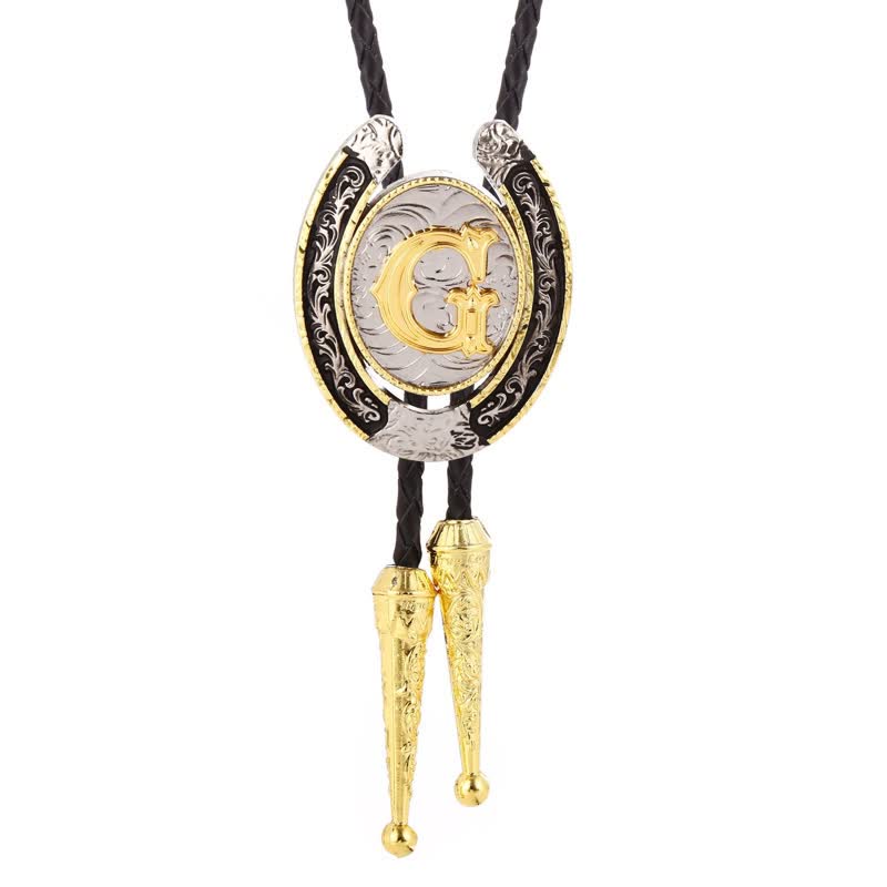 Modern Western Horseshoe Initial Letter A To Z Bolo Tie - Gold - G - image 11