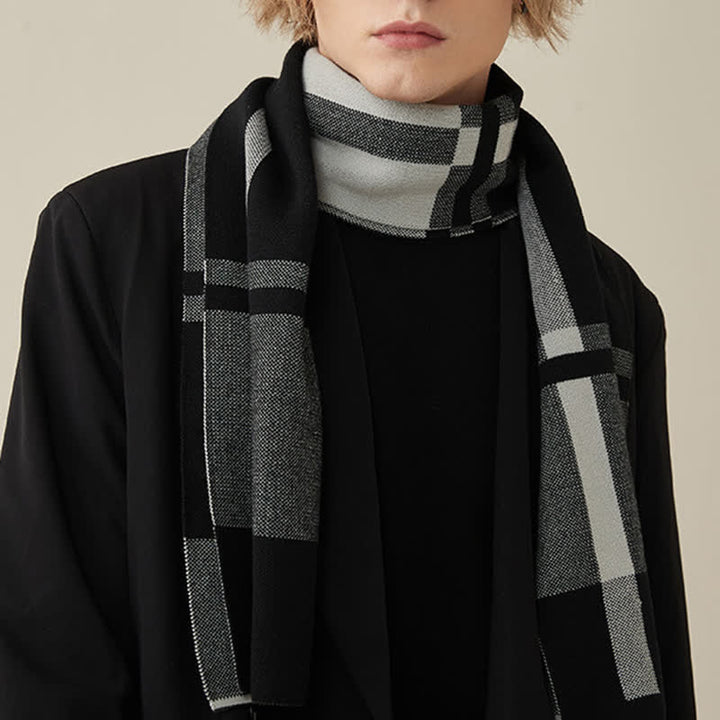 Men's Classic Plaid Wool Blend Knitted Scarf - Black - image 0