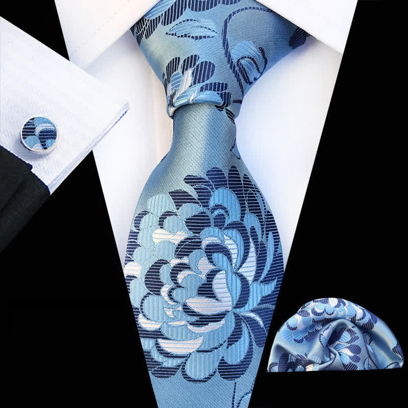 3Pcs Men's Showy Peony Floral Necktie Set - SkyBlue & White - image 2