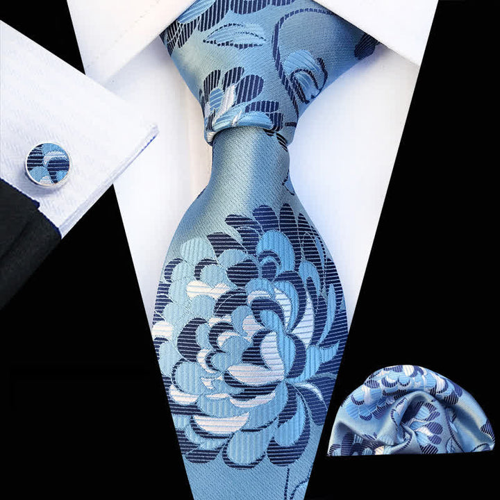 3Pcs Men's Showy Peony Floral Necktie Set - SkyBlue & White - image 2