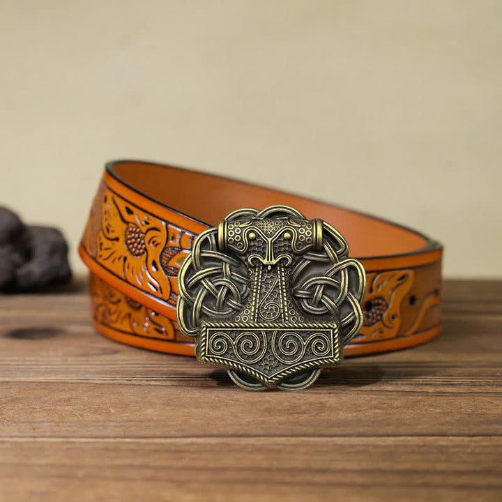Men's DIY Viking Thor's Hammer Buckle Leather Belt - Thor's Hammer - Orange Carved Belt (40) - image 14