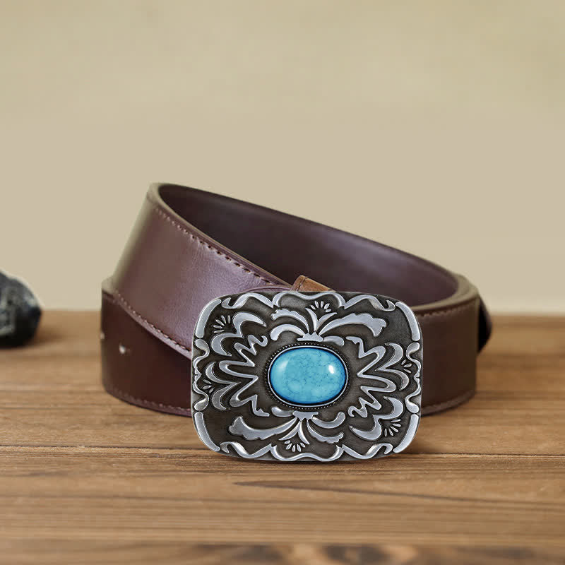 Men's DIY Turquoise Stone Flower Buckle Leather Belt - Turquoise - Brown PU Belt (40) - image 8