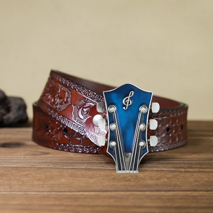 Men's DIY Musical Guitar Headstock Buckle Leather Belt - Blue - Brown Carved Belt (40) - image 23