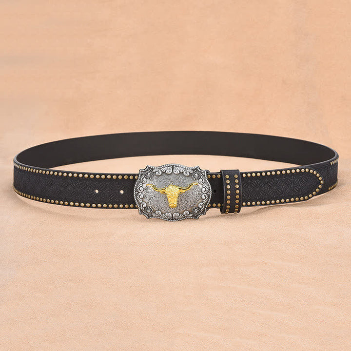 Men's Punk Rivet Gold Longhorn Bull Leather Belt - image 9