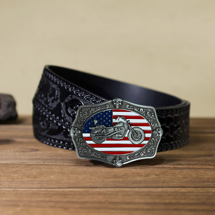 Men's DIY Motorcycle USA Flag Skull Buckle Leather Belt - Motorcycle - Black Carved Belt (40) - image 9