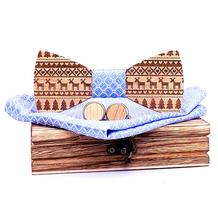 3Pcs Men's Christmas Theme Pattern Wooden Bow Tie Set - Sky Blue - image 9