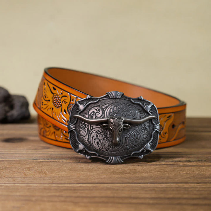 Men's DIY Silver Longhorn Bull Square Buckle Leather Belt - Bull - Orange Carved Belt (40) - image 14