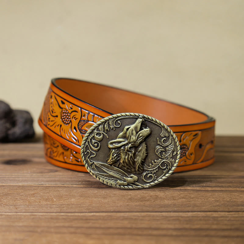 Men's DIY Howling Wolf Head Buckle Leather Belt - Antique Gold - Orange Carved Belt (40) - image 18