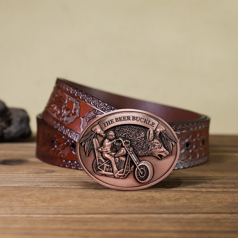 Men's DIY Motorcycle Creative Beer Holder Buckle Leather Belt - Copper - Brown Carved Belt (40) - image 26