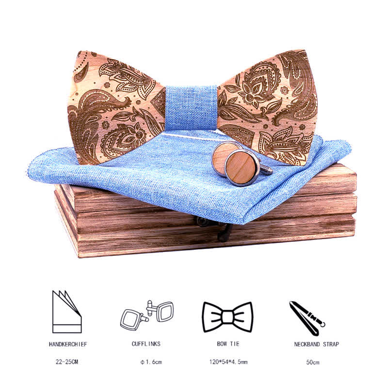 3Pcs Men's Carving Paisley Wooden Bow Tie Set - image 1