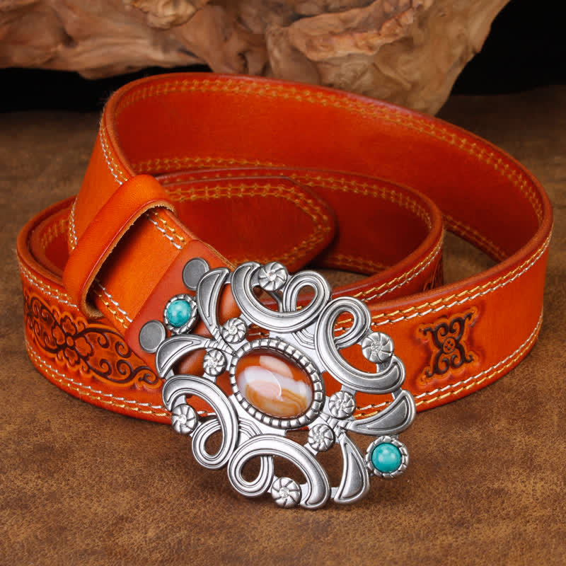 Unisex Agate Stone Turquoise Hollow Flower Leather Belt - image 14