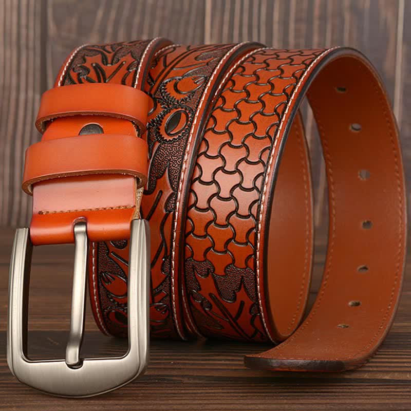 Men's Floral Embossed Pattern Leather Belt - image 1