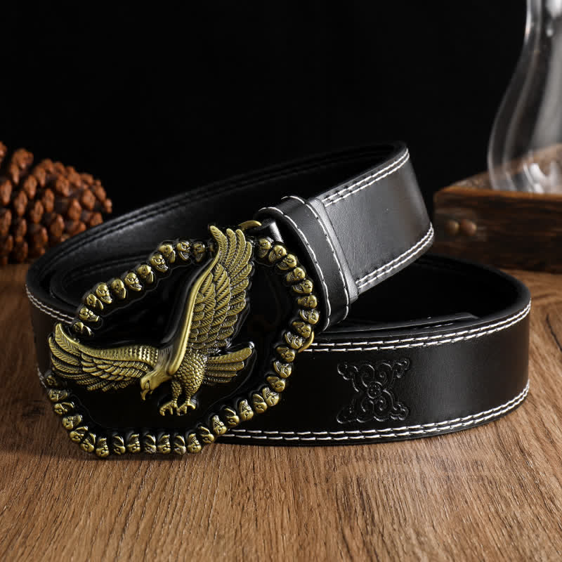 Men's Antique Gold Eagle Soaring Hawk Leather Belt - Black #1 - 42 - image 8