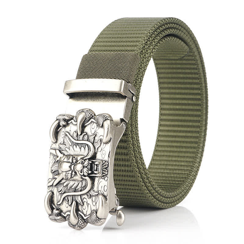 Men's Casual Dragon Decor Nylon Belt - Army Green / Silver - 48" - image 9