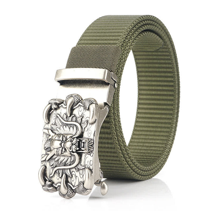 Men's Casual Dragon Decor Nylon Belt - Army Green / Silver - 48" - image 9