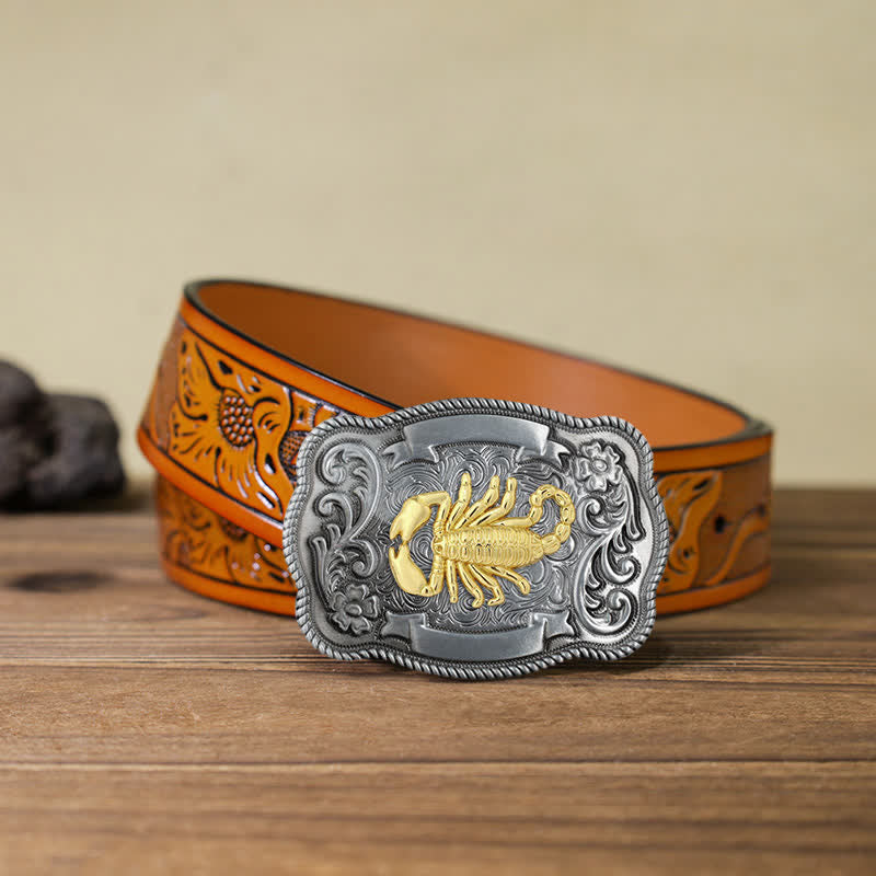 Men's DIY Gold Carving Animal Buckle Leather Belt - Scorpion - Orange Carved Belt (40) - image 63