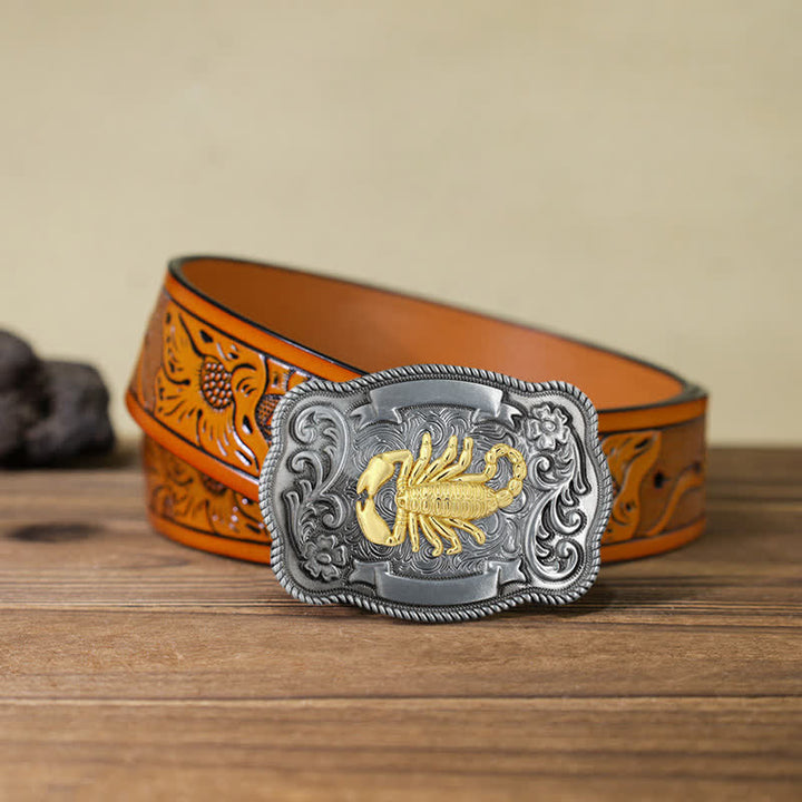 Men's DIY Gold Carving Animal Buckle Leather Belt - Scorpion - Orange Carved Belt (40) - image 63