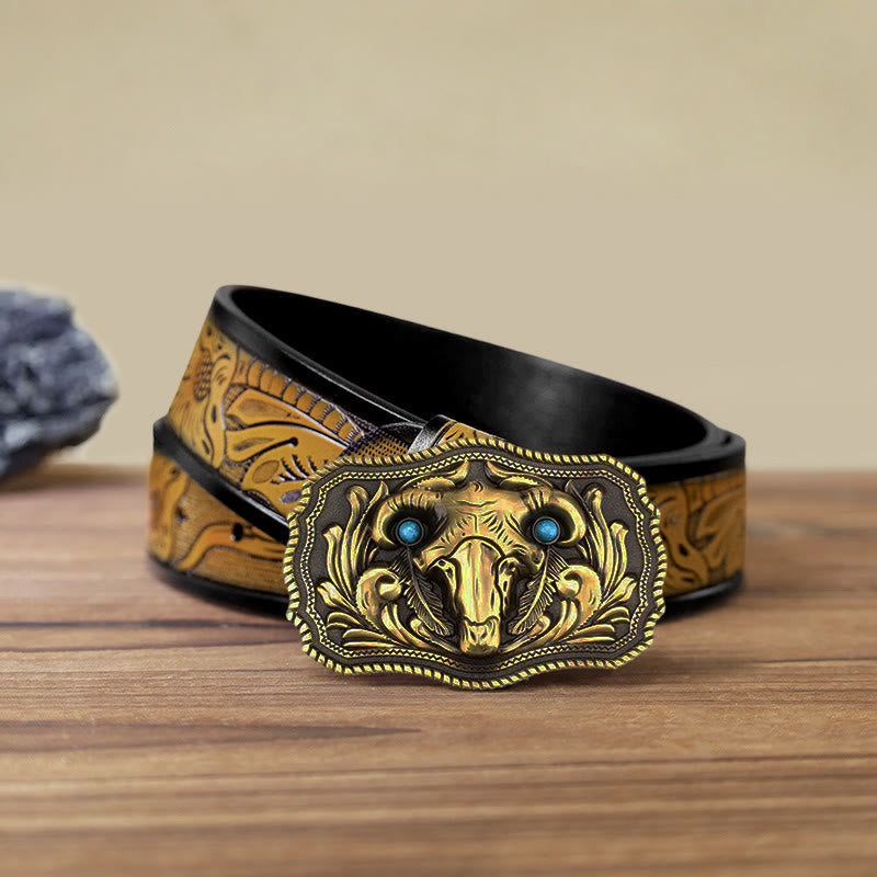 Men's DIY Goat Skull Turquoise Buckle Leather Belt - Gold - SandyBrown Belt (40) - image 15
