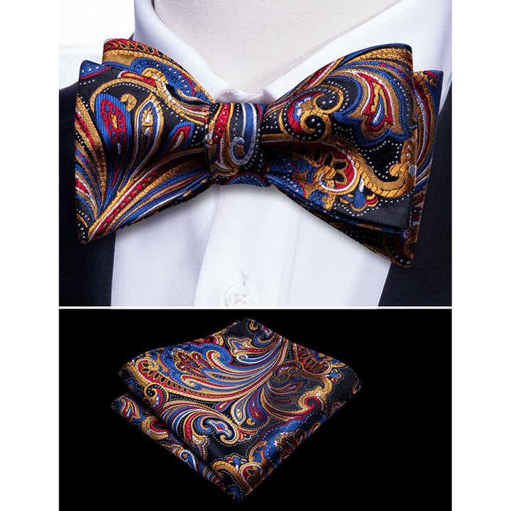 2Pcs Men's Gold & Blue Paisley Bow Tie Pocket Square Set - Gold & Blue - image 0