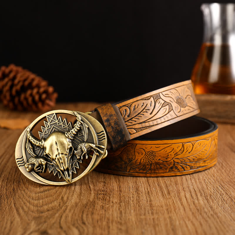 Men's Bull Skeleton Head Buckle Leather Belt - Yellowish-Brown - 42 - image 0