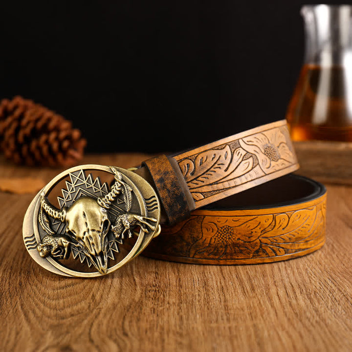 Men's Bull Skeleton Head Buckle Leather Belt - Yellowish-Brown - 42 - image 0