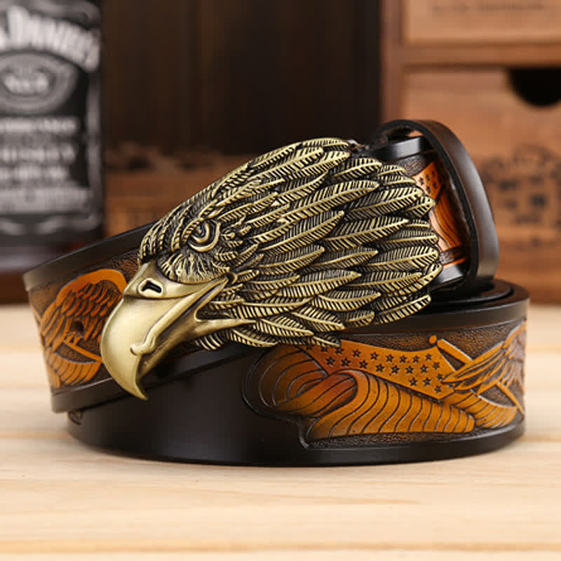 Men's Sharp Eyes 3D Vulture Head Eagle Buckle Leather Belt - Black / Bronze - 46 - image 0