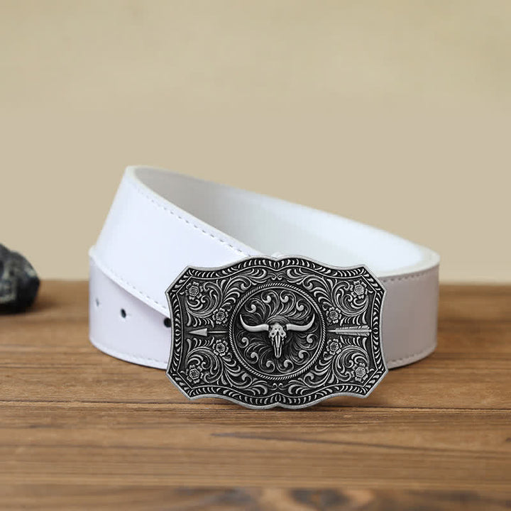 Men's DIY Long Horn Bull Arrow Buckle Leather Belt - Antique Silver - White PU Belt (40) - image 9