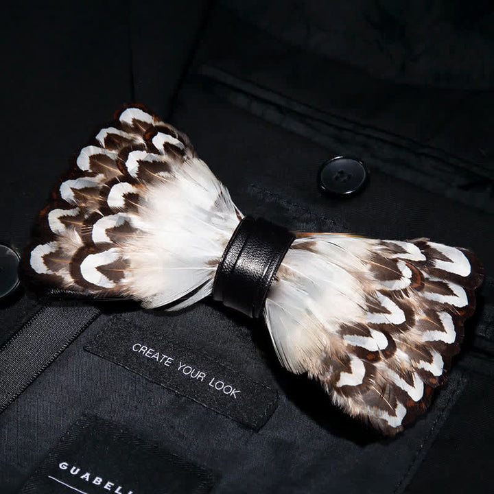 White & Brown Wilderness Feather Bow Tie with Lapel Pin - image 1